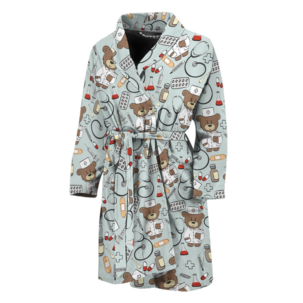 Teddy Bear Doctor Pattern Print Men's Bathrobe