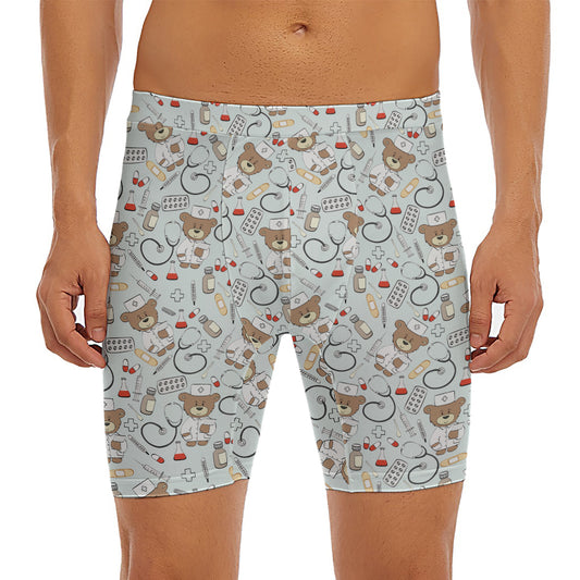 Teddy Bear Doctor Pattern Print Men's Long Boxer Briefs