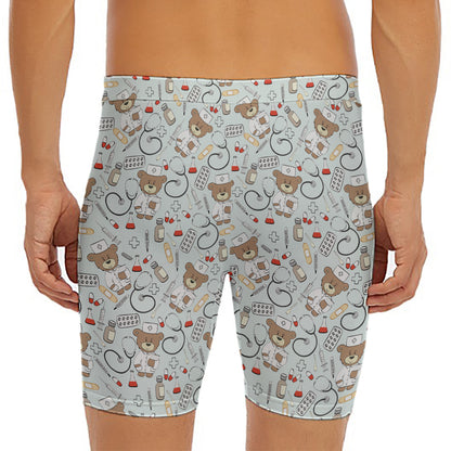 Teddy Bear Doctor Pattern Print Men's Long Boxer Briefs