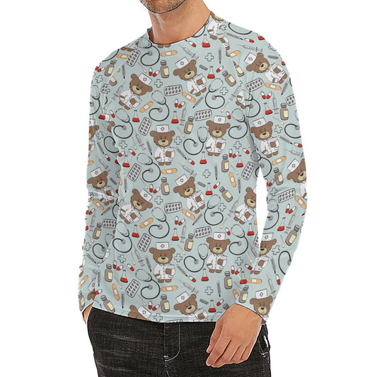 Teddy Bear Doctor Pattern Print Men's Long Sleeve Rash Guard