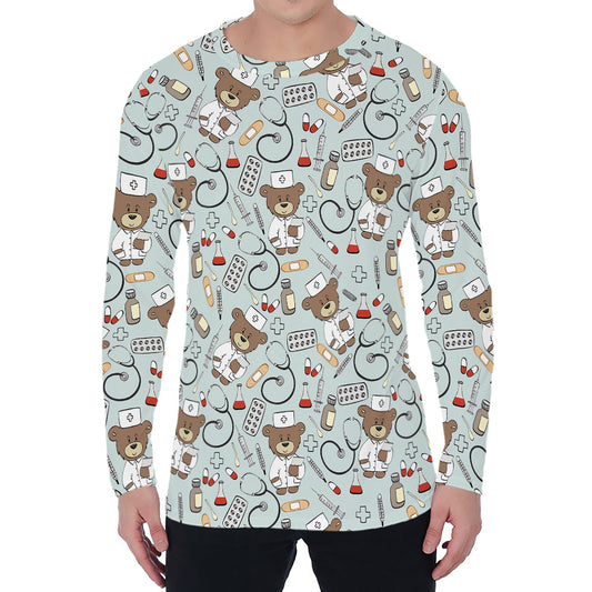 Teddy Bear Doctor Pattern Print Men's Long Sleeve T-Shirt