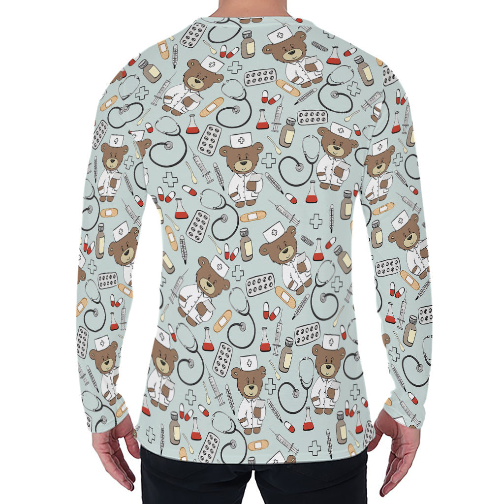 Teddy Bear Doctor Pattern Print Men's Long Sleeve T-Shirt