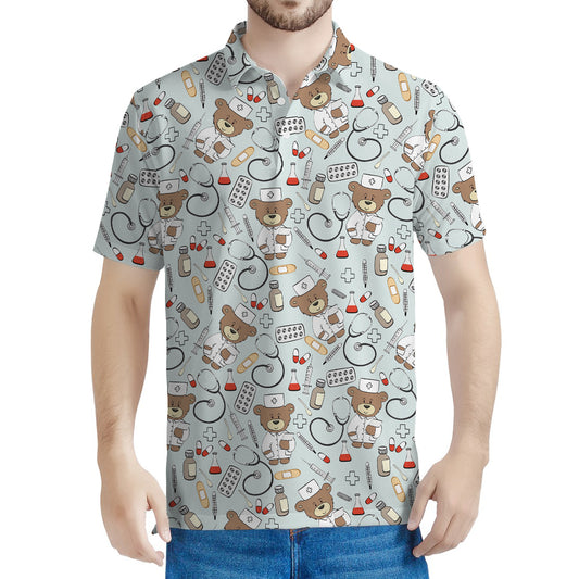 Teddy Bear Doctor Pattern Print Men's Polo Shirt