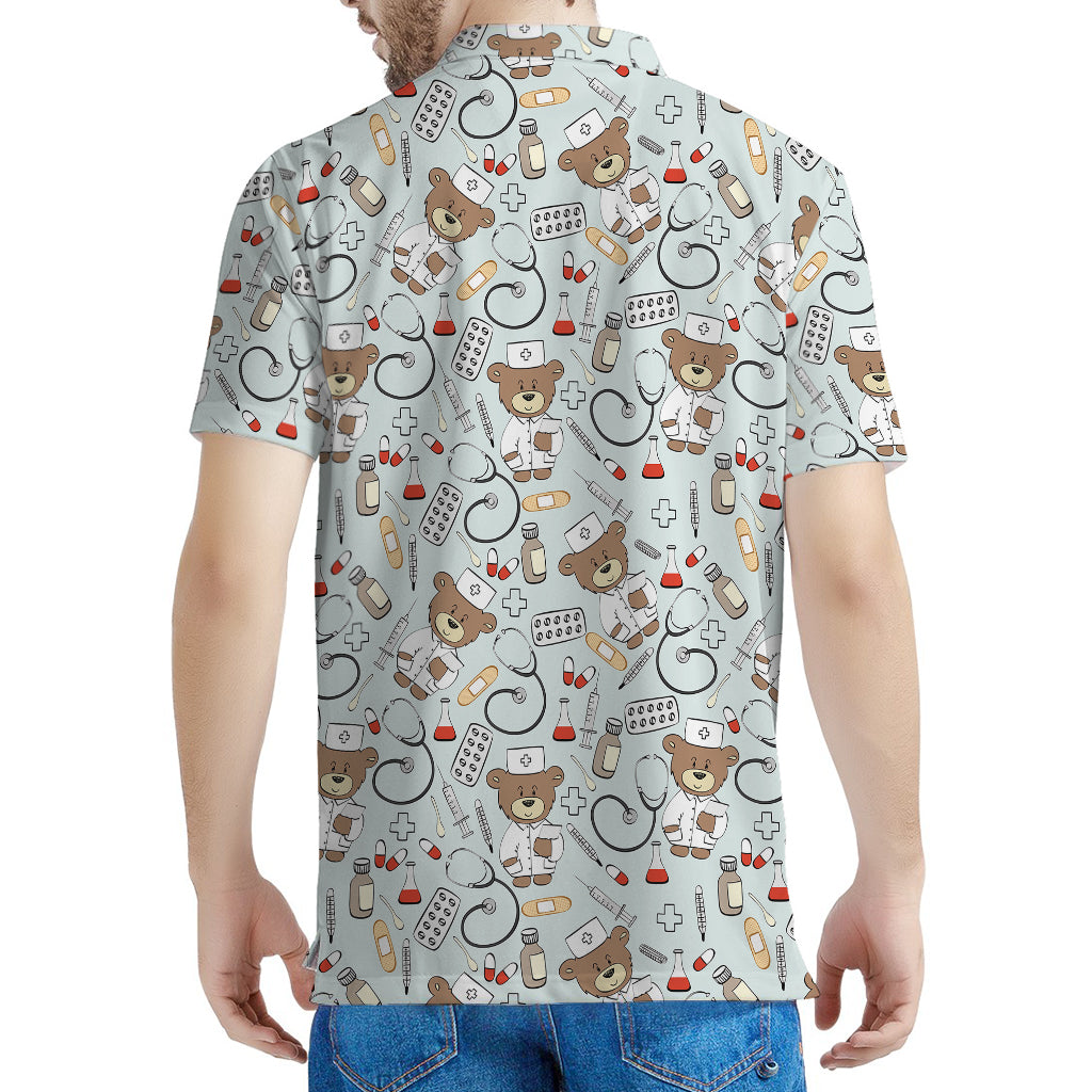 Teddy Bear Doctor Pattern Print Men's Polo Shirt