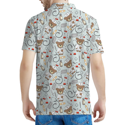 Teddy Bear Doctor Pattern Print Men's Polo Shirt