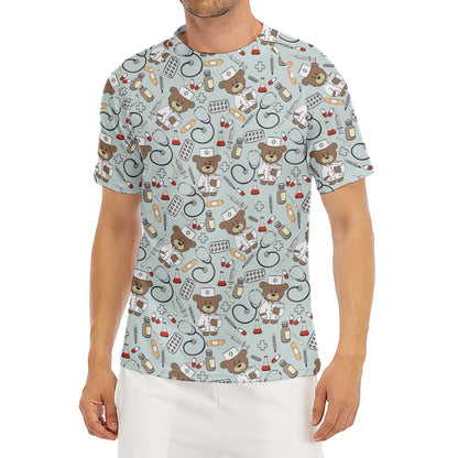 Teddy Bear Doctor Pattern Print Men's Short Sleeve Rash Guard