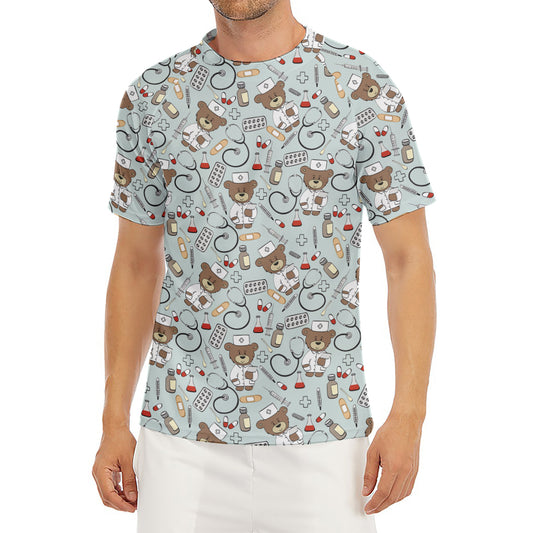 Teddy Bear Doctor Pattern Print Men's Short Sleeve Rash Guard
