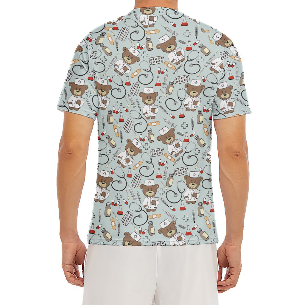 Teddy Bear Doctor Pattern Print Men's Short Sleeve Rash Guard