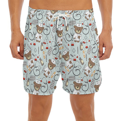 Teddy Bear Doctor Pattern Print Men's Split Running Shorts