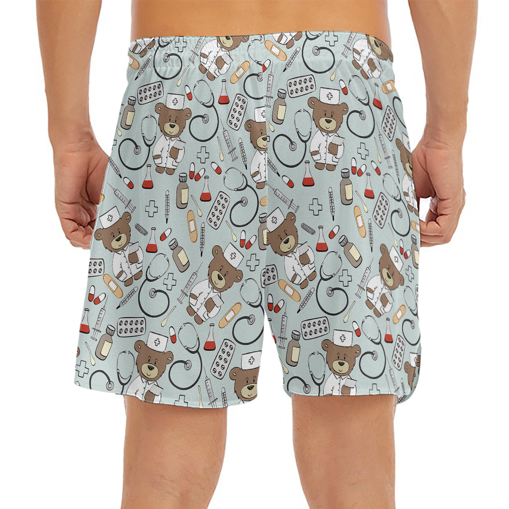 Teddy Bear Doctor Pattern Print Men's Split Running Shorts