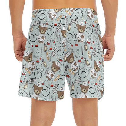 Teddy Bear Doctor Pattern Print Men's Split Running Shorts