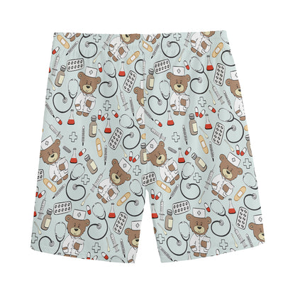 Teddy Bear Doctor Pattern Print Men's Sports Shorts