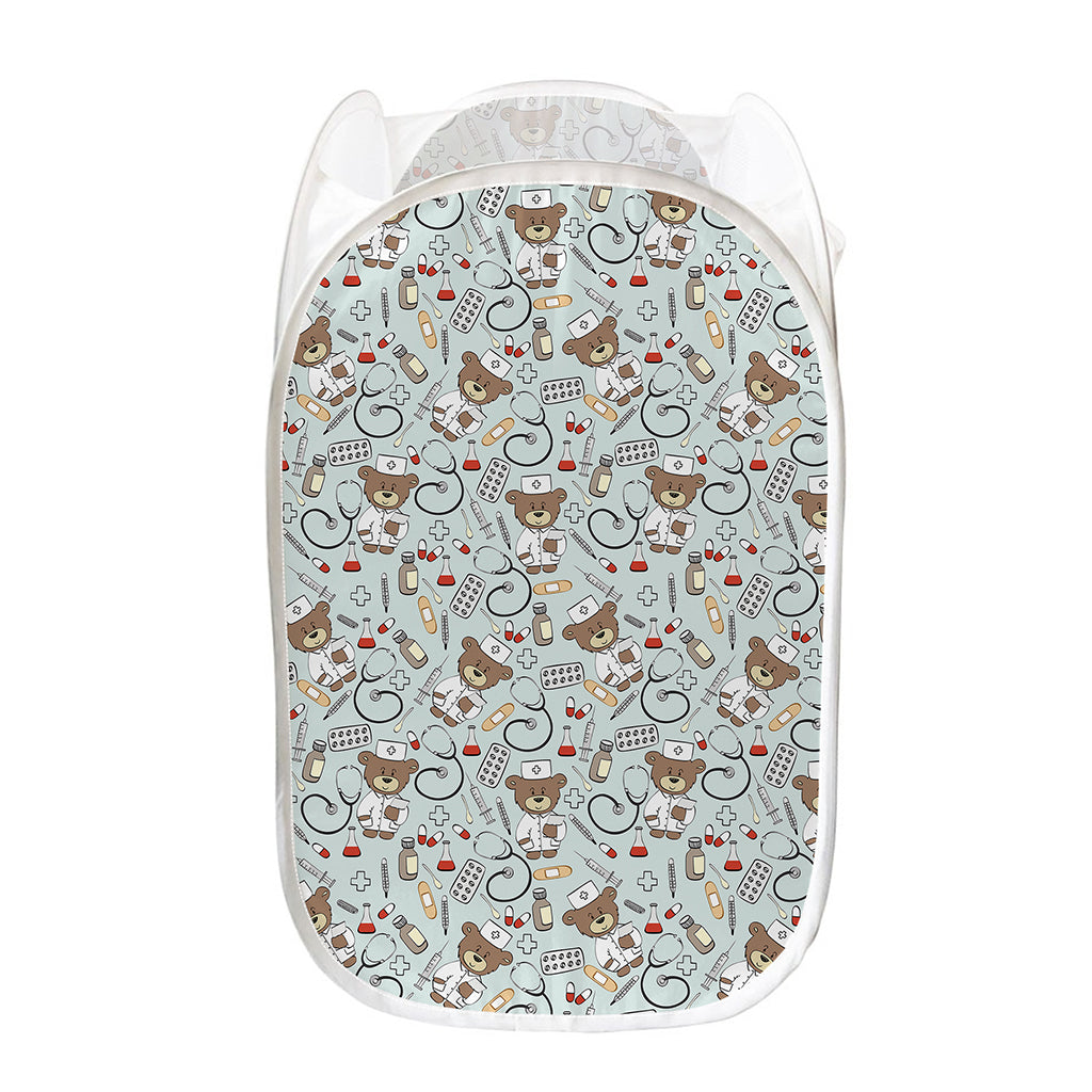 Teddy Bear Doctor Pattern Print Mesh Laundry Hamper