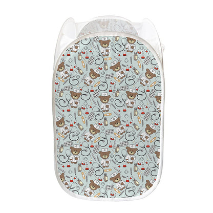 Teddy Bear Doctor Pattern Print Mesh Laundry Hamper