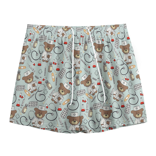 Teddy Bear Doctor Pattern Print Mesh Shorts