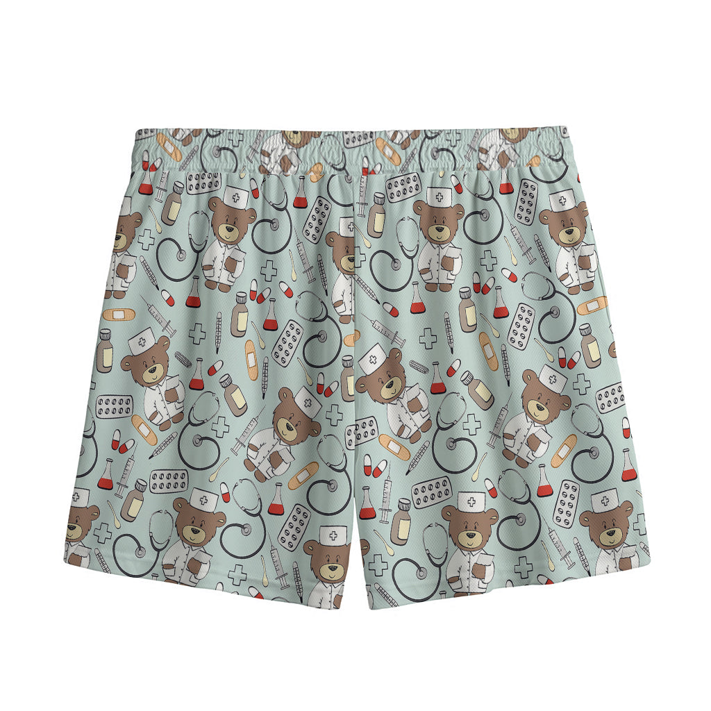 Teddy Bear Doctor Pattern Print Mesh Shorts