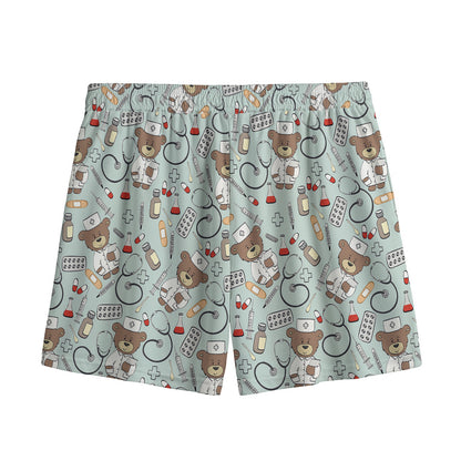 Teddy Bear Doctor Pattern Print Mesh Shorts