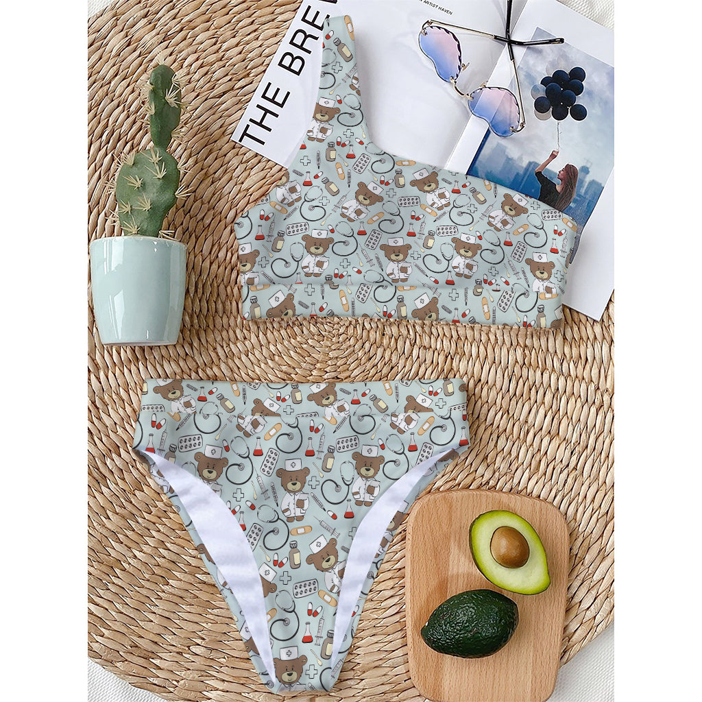 Teddy Bear Doctor Pattern Print One Shoulder Bikini Top