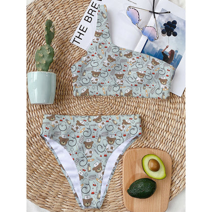 Teddy Bear Doctor Pattern Print One Shoulder Bikini Top