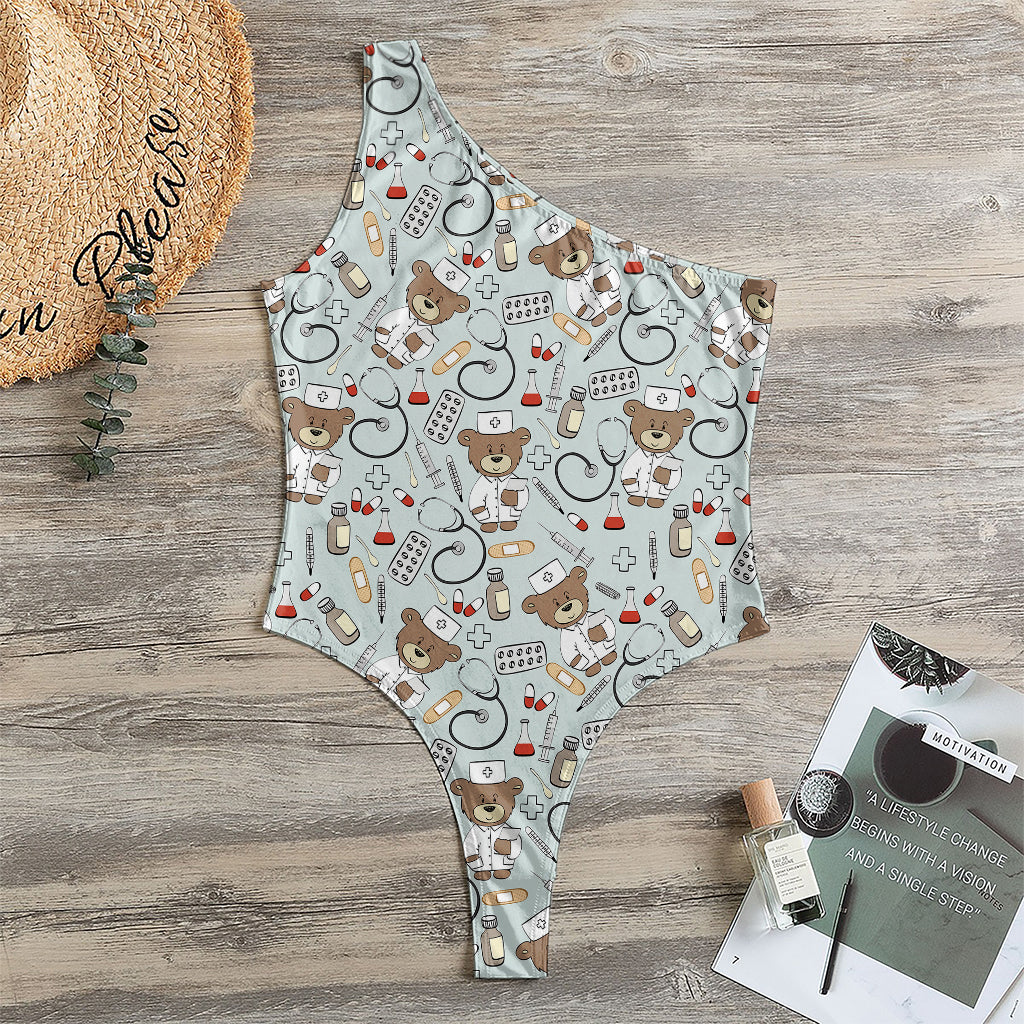 Teddy Bear Doctor Pattern Print One Shoulder Bodysuit