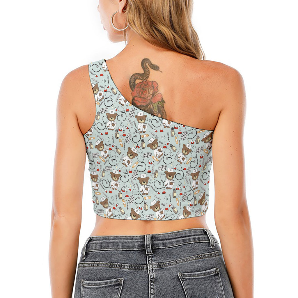 Teddy Bear Doctor Pattern Print One Shoulder Crop Top