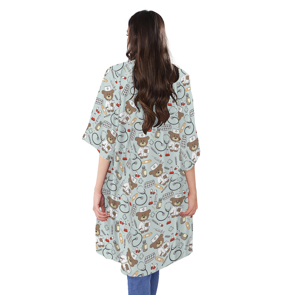 Teddy Bear Doctor Pattern Print Open Front Beach Cover Up