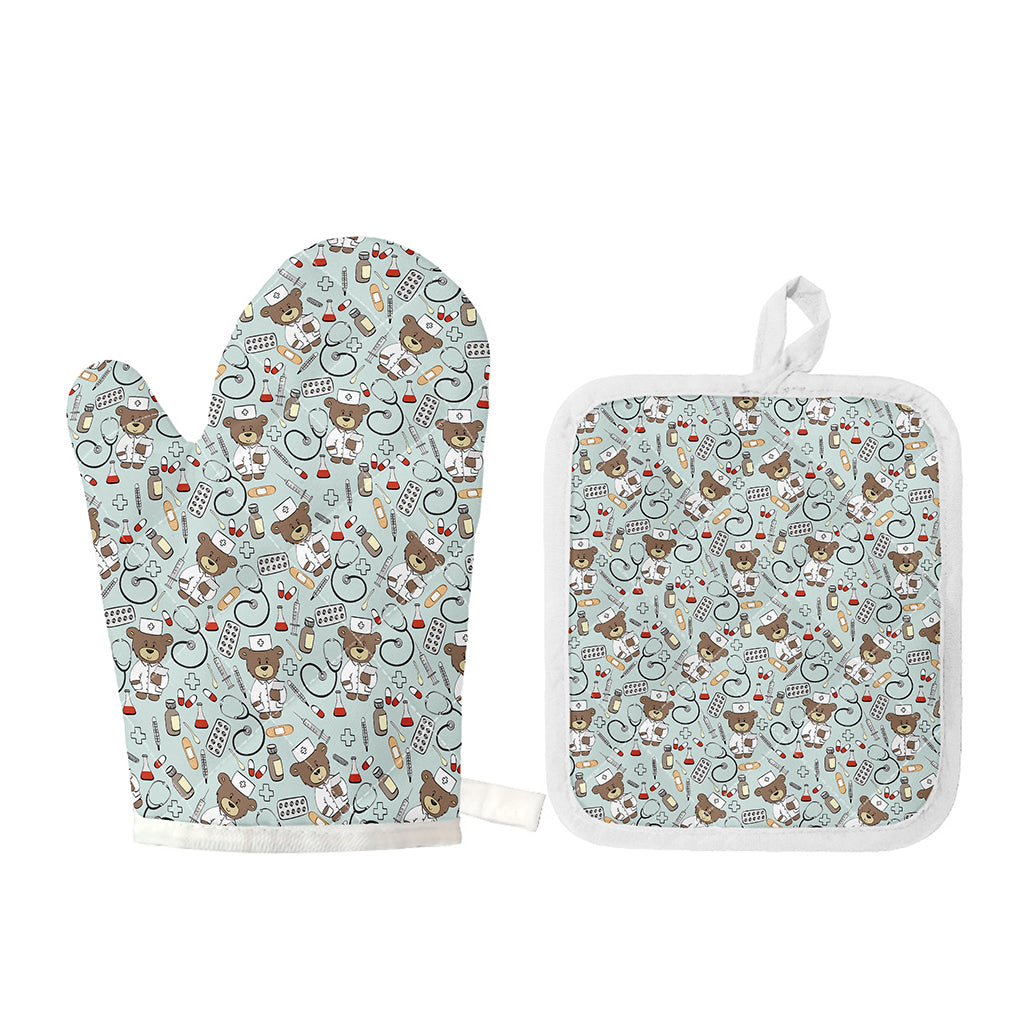 Teddy Bear Doctor Pattern Print Oven Mitt And Pot Holder Set
