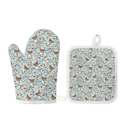 Teddy Bear Doctor Pattern Print Oven Mitt And Pot Holder Set