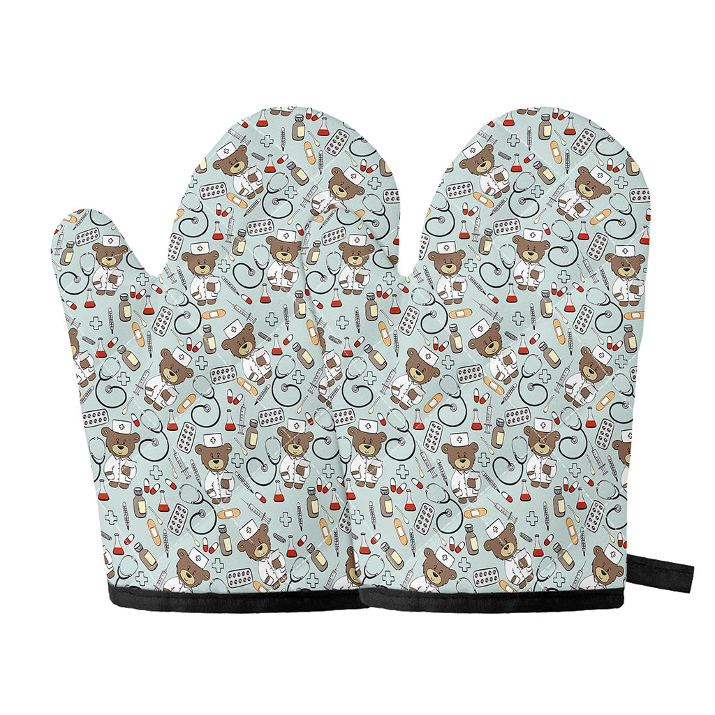 Teddy Bear Doctor Pattern Print Oven Mitts