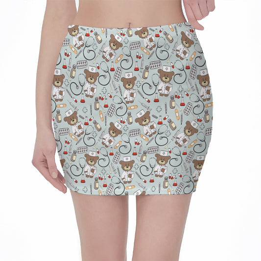 Teddy Bear Doctor Pattern Print Pencil Mini Skirt