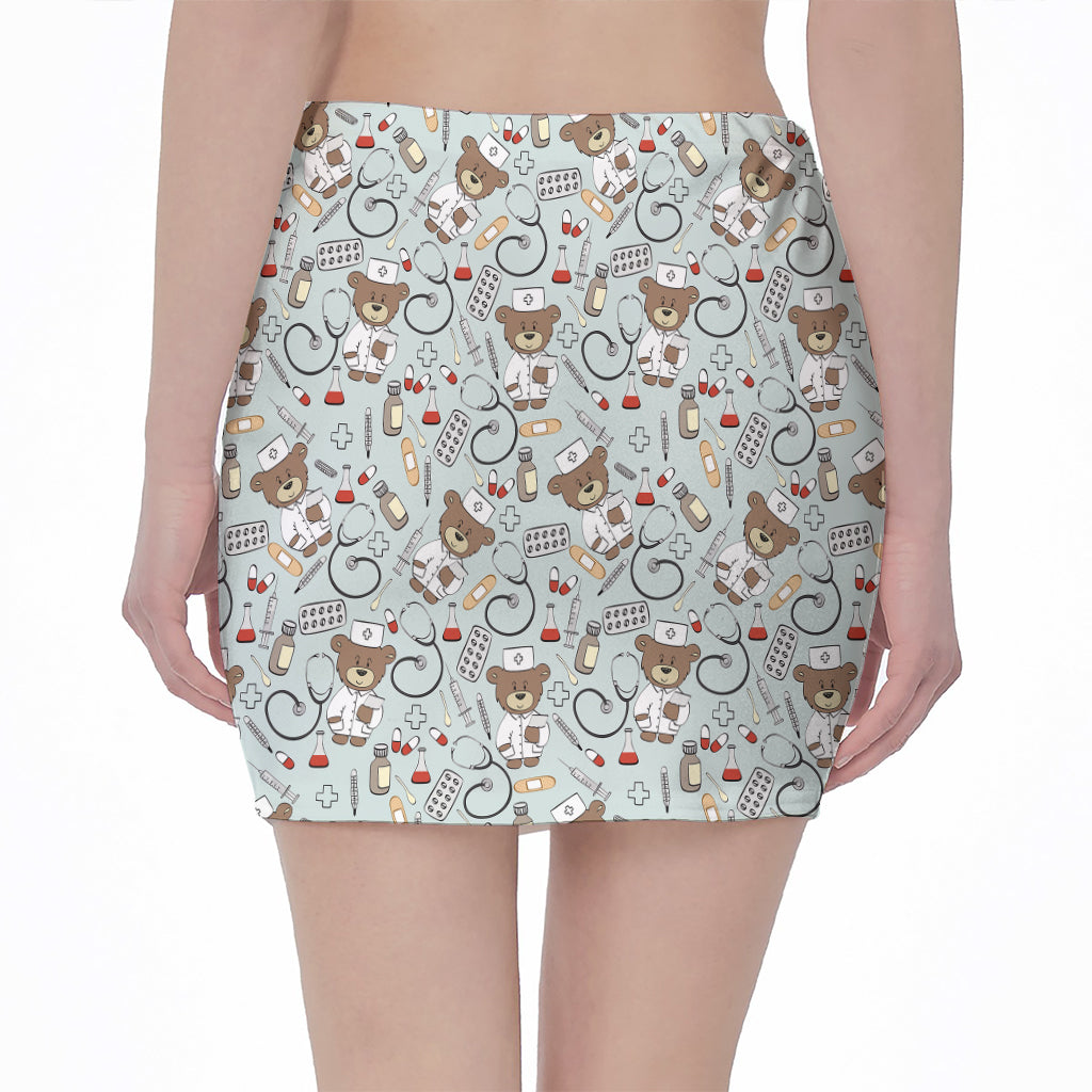 Teddy Bear Doctor Pattern Print Pencil Mini Skirt