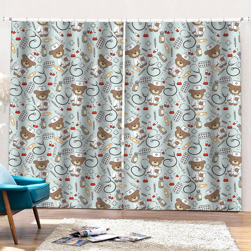 Teddy Bear Doctor Pattern Print Pencil Pleat Curtains