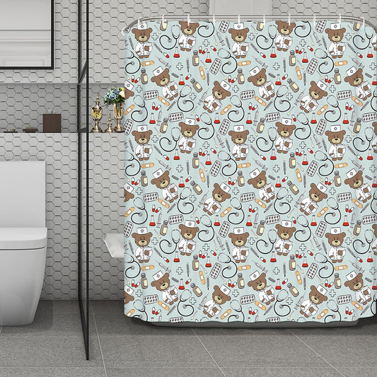 Teddy Bear Doctor Pattern Print Polyester Shower Curtain
