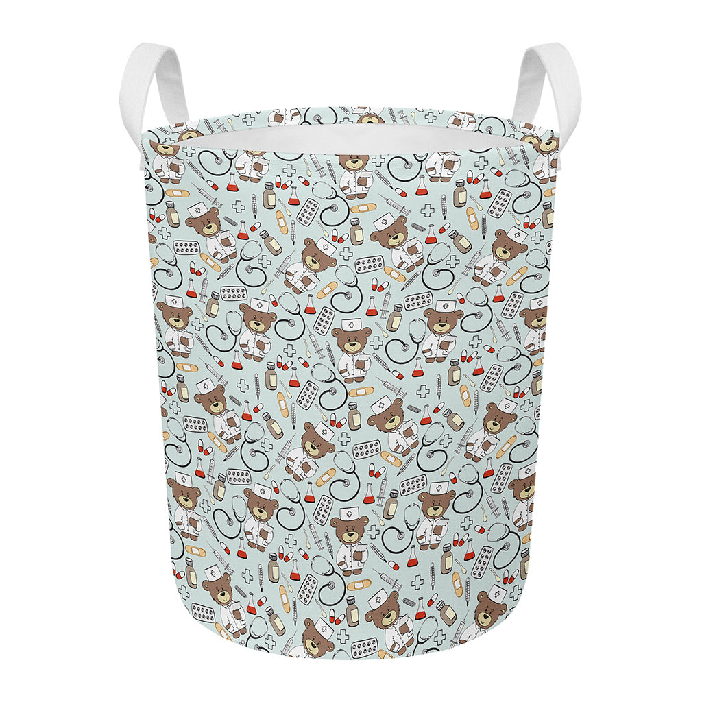Teddy Bear Doctor Pattern Print Round Laundry Basket