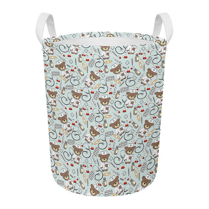 Teddy Bear Doctor Pattern Print Round Laundry Basket