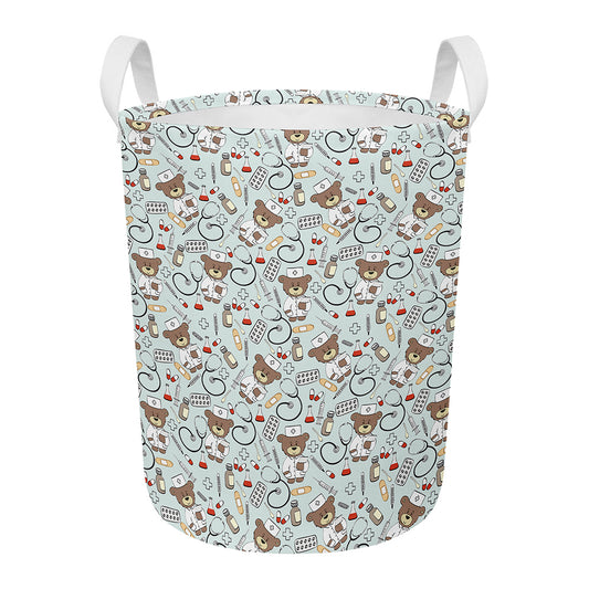 Teddy Bear Doctor Pattern Print Round Laundry Basket