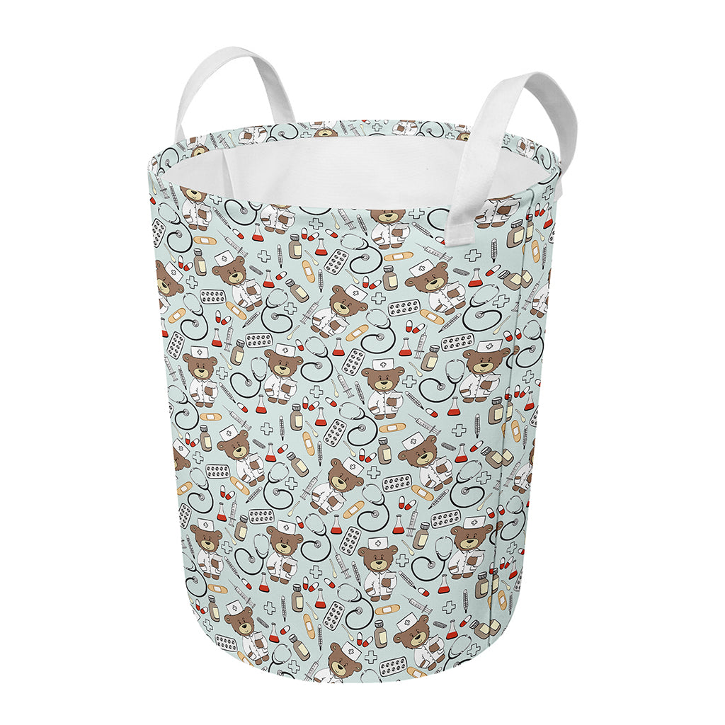 Teddy Bear Doctor Pattern Print Round Laundry Basket