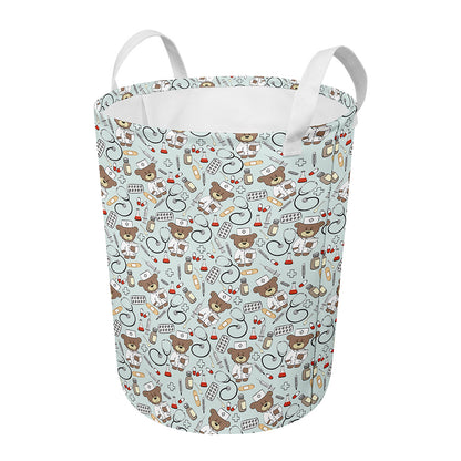 Teddy Bear Doctor Pattern Print Round Laundry Basket