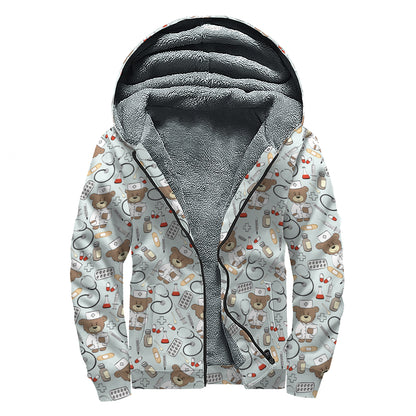 Teddy Bear Doctor Pattern Print Sherpa Lined Zip Up Hoodie