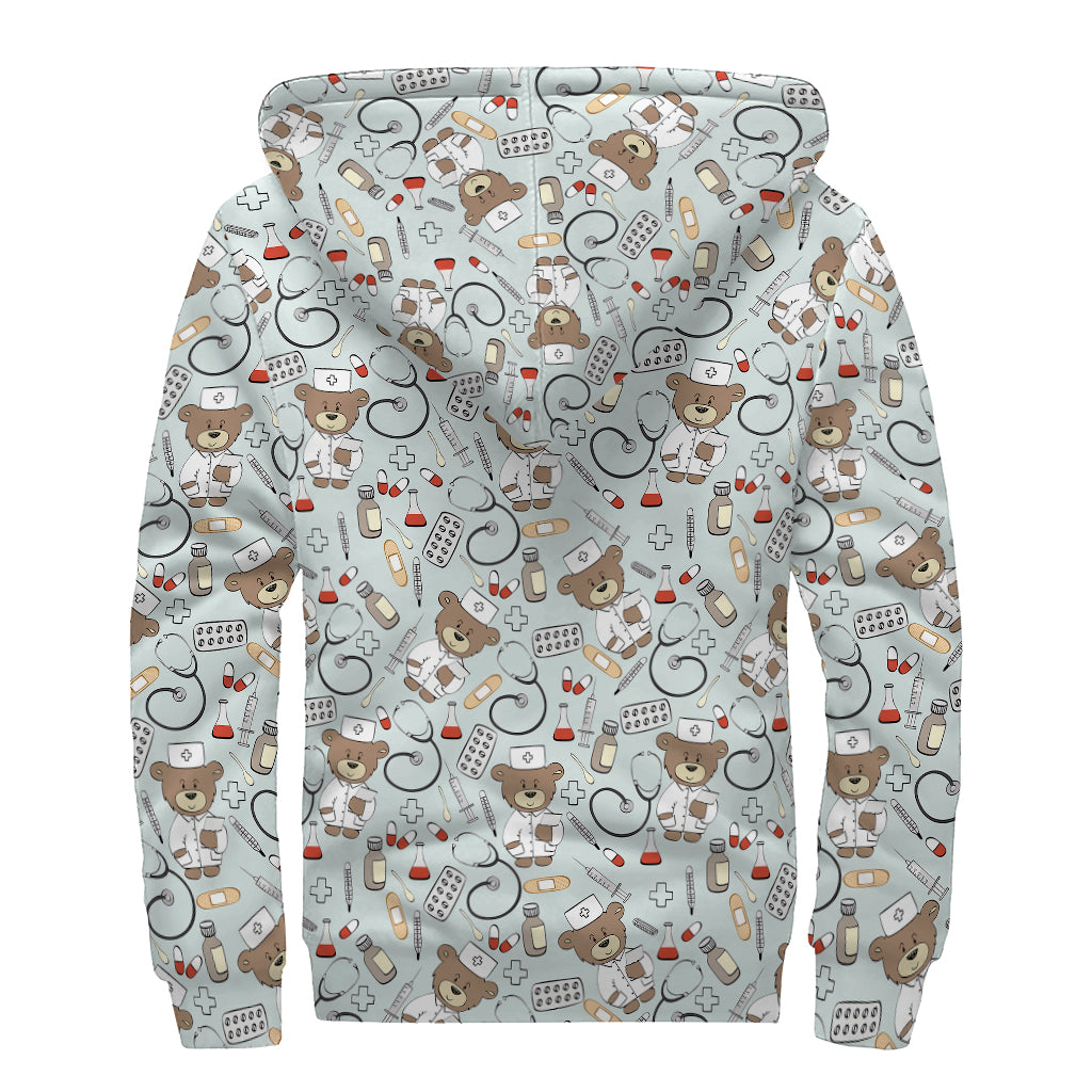Teddy Bear Doctor Pattern Print Sherpa Lined Zip Up Hoodie