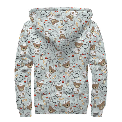 Teddy Bear Doctor Pattern Print Sherpa Lined Zip Up Hoodie