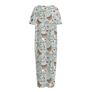 Teddy Bear Doctor Pattern Print Short Sleeve Long Nightdress