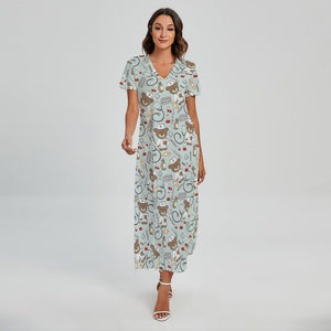 Teddy Bear Doctor Pattern Print Short Sleeve Maxi Dress