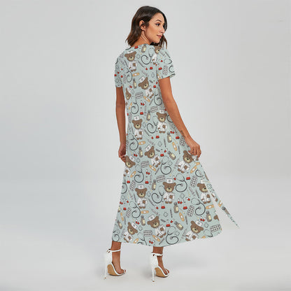Teddy Bear Doctor Pattern Print Short Sleeve Maxi Dress