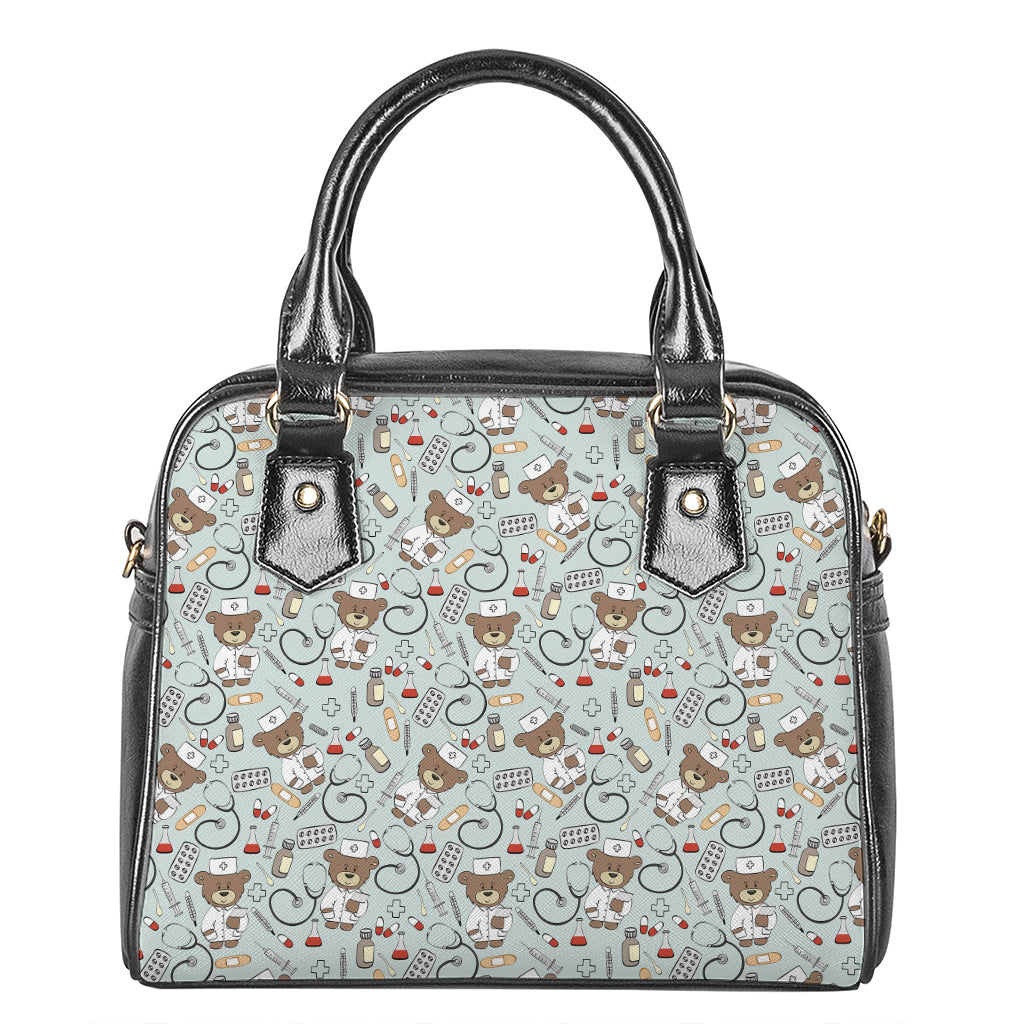 Teddy Bear Doctor Pattern Print Shoulder Handbag