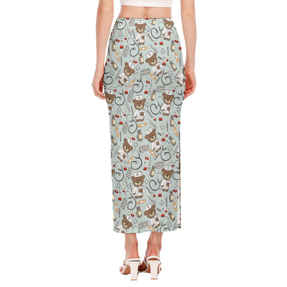 Teddy Bear Doctor Pattern Print Side Slit Maxi Skirt