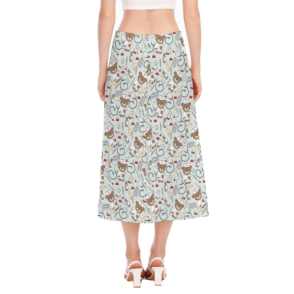 Teddy Bear Doctor Pattern Print Side Slit Midi Skirt