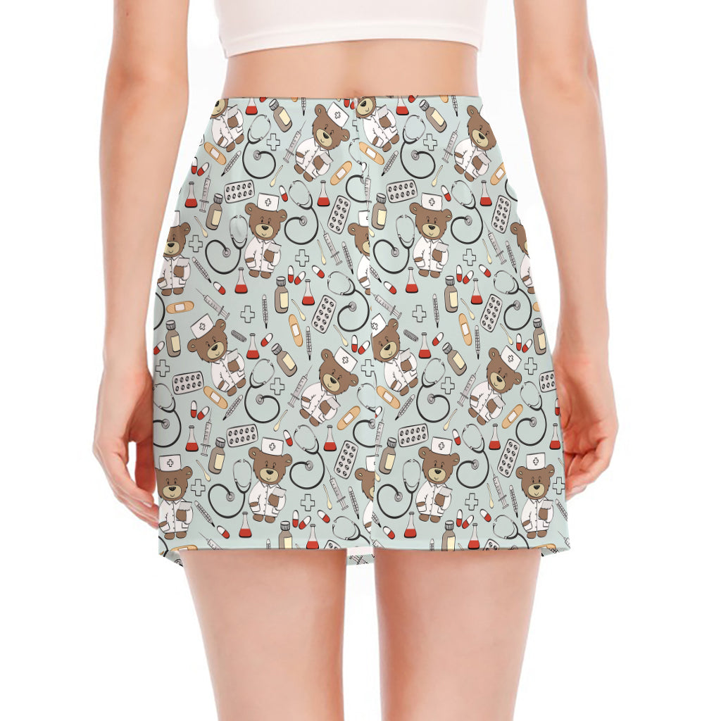 Teddy Bear Doctor Pattern Print Side Slit Mini Skirt