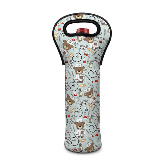 Teddy Bear Doctor Pattern Print Single Neoprene Wine Tote