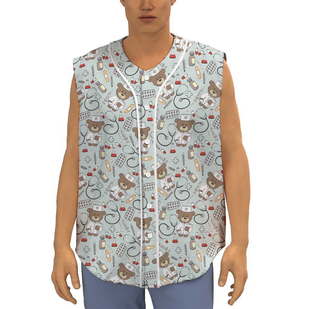 Teddy Bear Doctor Pattern Print Sleeveless Baseball Jersey